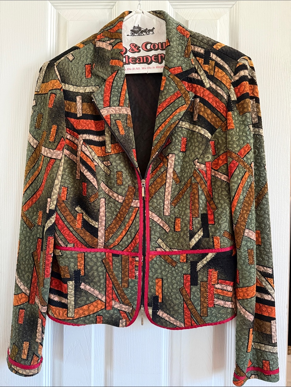 Joseph Ribkoff Olive Multi-Pattern Zip Front Jacket with Pink Trim